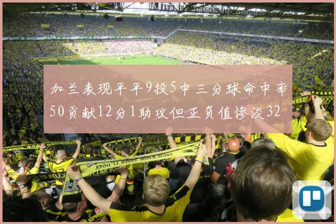 加兰表现平平9投5中三分球命中率50贡献12分1助攻但正负值惨淡32